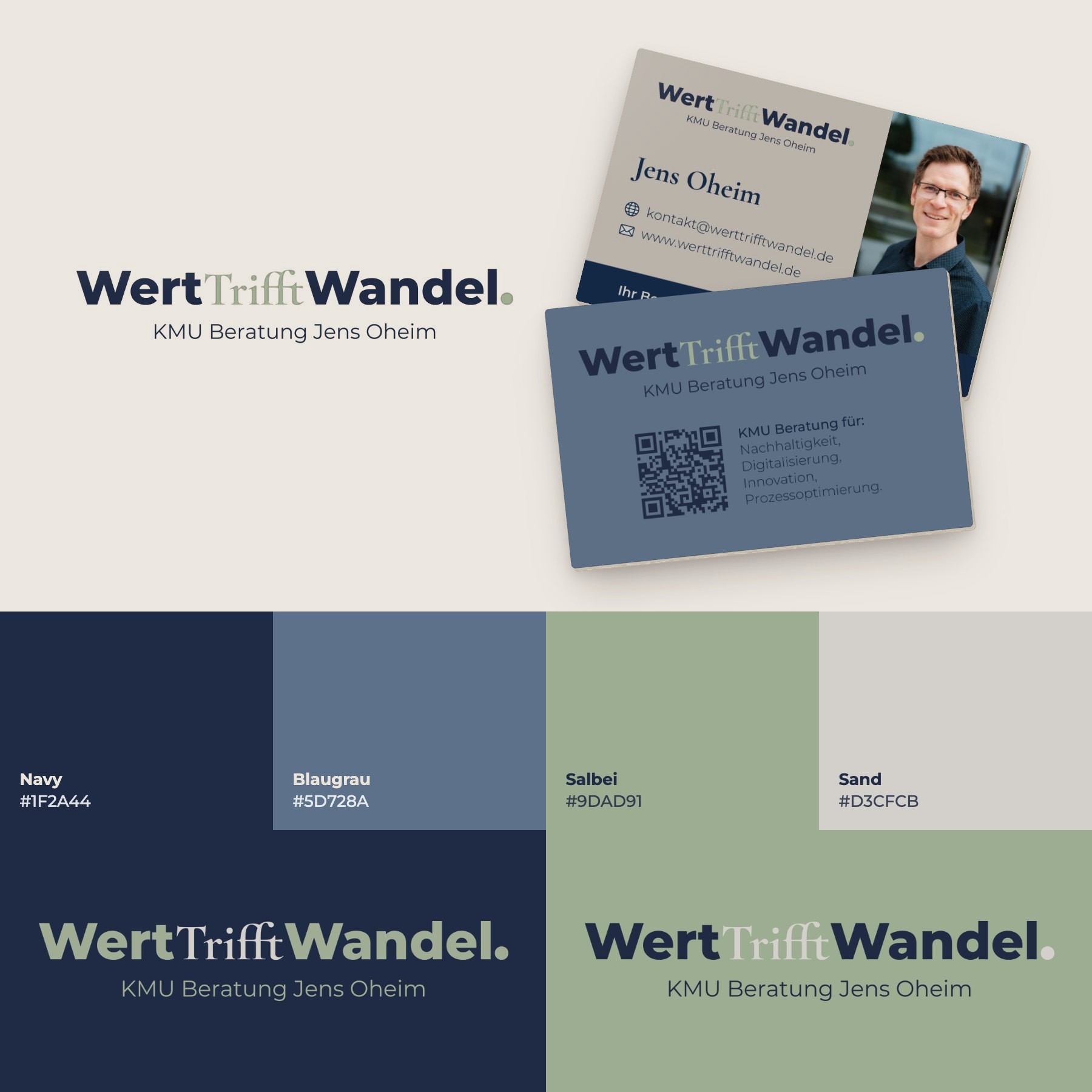 Branding für WertTrifftWandel mit Visitenkarten, Farben und Logo-Varianten
