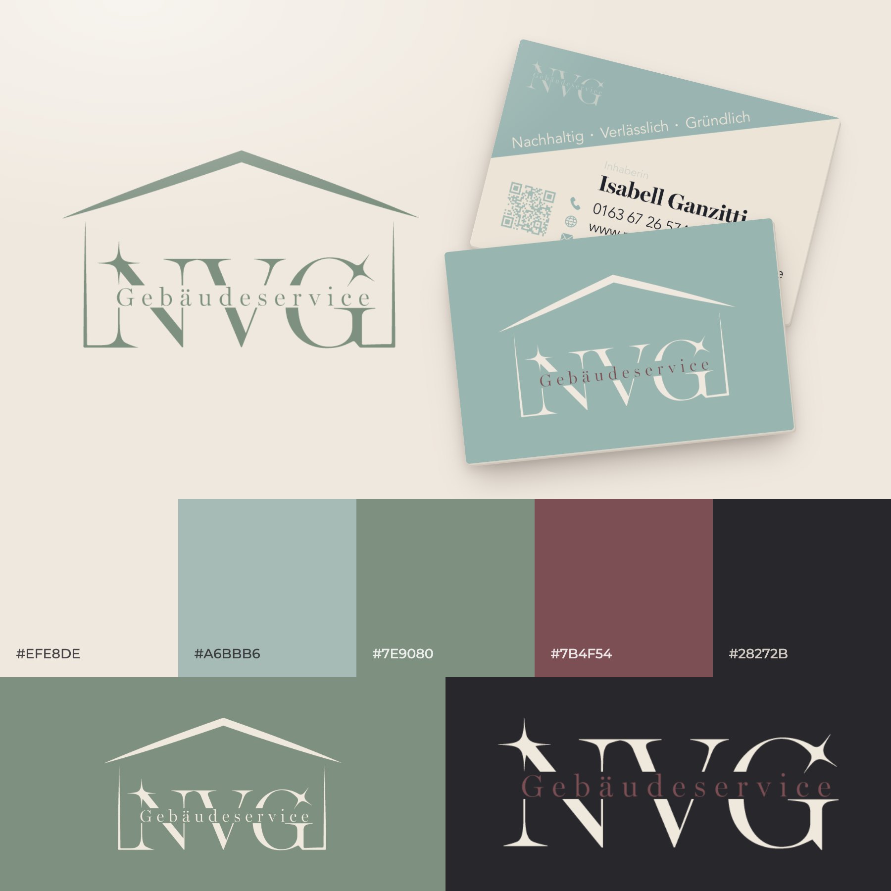 Branding für NVG Gebäudeservice mit Visitenkarten, Farben und Logo-Varianten